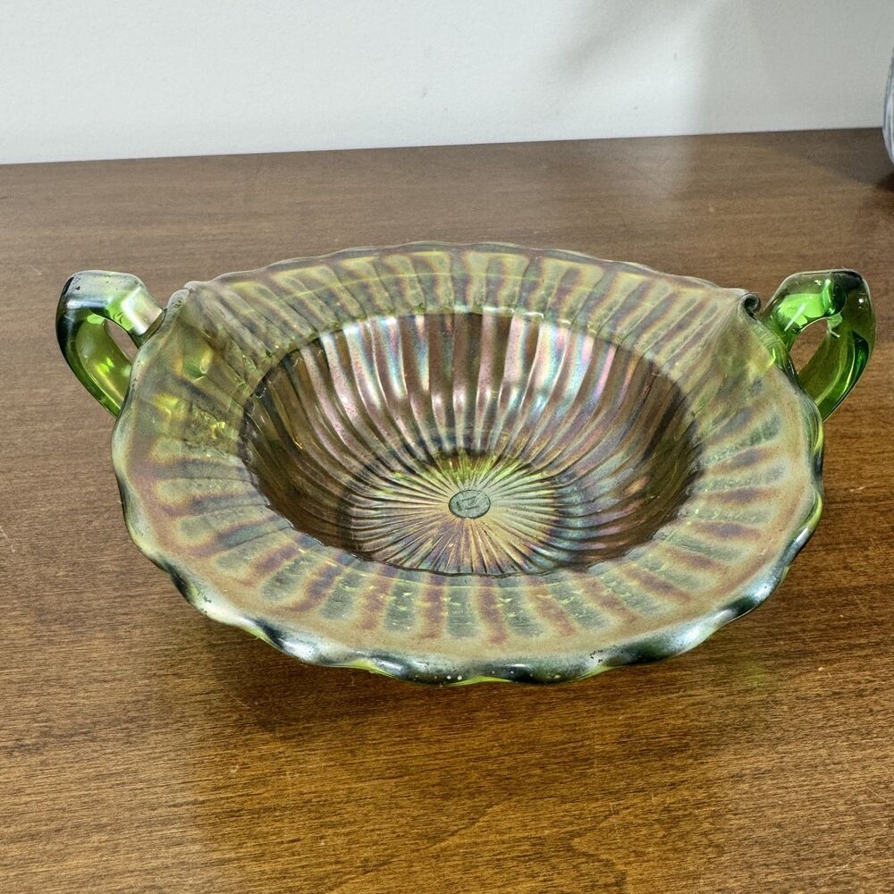 Vintage Northwood Green Iridescent Carnival Glass Handled Bowl Ruffled Edge